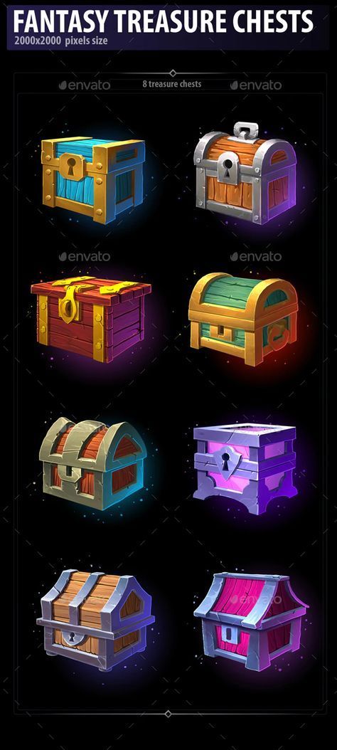 Treasure Box Illustration, Chest Game Art, Game Assets Concept Art, Casual Game Art, Fantasy Treasure, Game Design Concept, Game Card Design, Treasure Chests, Game 2d