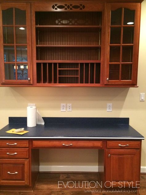 Built In Kitchen Desk Makeover, Kitchen Desk Remodel, Kitchen Desk Area Repurpose, Kitchen Desk Areas, Cabinet Transformations, Kitchen Built In, Corian Countertops, Kitchen Desks, Kitchen Desk