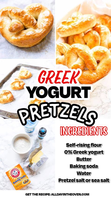 Greek yogurt pretzels ingredients, pretzels on a baking sheet and stacked in basket. Greek Yogurt Pretzels, Greek Yogurt Donut Recipe, Greek Yogurt Snack Ideas, Yogurt Snack Ideas, Greek Yogurt Dough, Plain Yogurt Recipes, Yogurt Dough, Recipe Greek Yogurt, Greek Yogurt Snacks