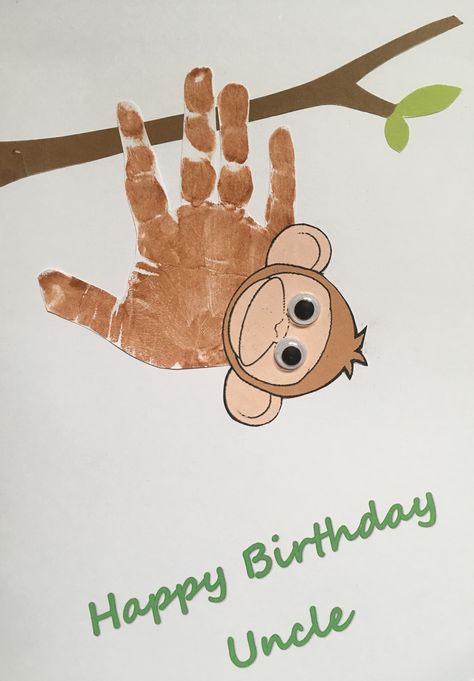 Handprint Monkey Craft, Birthday Card From Infant, Monkey Handprint Art, Baby Handprint Birthday Card, Baby Footprint Birthday Card, Birthday Card Baby Footprint, Handprint Art Birthday, Birthday Card Made By Toddler Hand Prints, Birthday Handprint Art