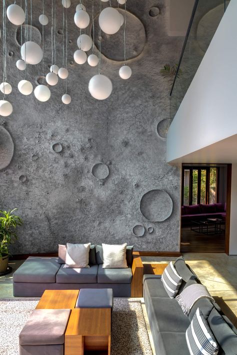 Moon In Ceiling, Galaxy Interior Design, Moon Interior, Microcement Walls, Moon And Earth, Moon Cafe, Bistro Design, House Wall Design, Home Hall Design