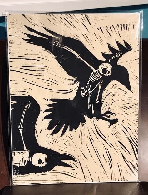 Raven Block Print, Raven Linocut, Linocut Art Ideas, Krita Tutorial, Raven Print, Linocut Illustration, Wood Print Art, Linocut Artists, Linoleum Print