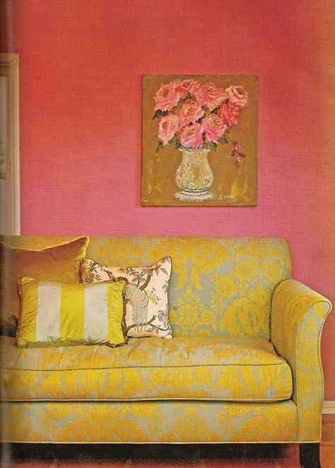 Yellow Couch, Yellow Sofa, Yellow Colour Scheme, Pink Walls, A Living Room, Mellow Yellow, Room Colors, Color Inspiration, Pink Yellow