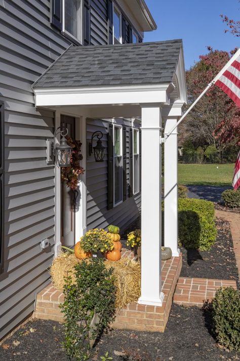 Gable Portico Front Entry, Door Overhang Ideas Front Door, Portico Front Door, Cape Cod Portico Front Entry, Back Door Entry Ideas Exterior, Roof Over Front Door Entrance, Colonial Portico Entrance, Front Porch Portico Ideas, Front Door Overhang Ideas