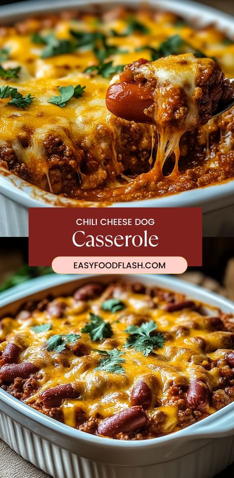 A comforting and cheesy casserole that combines sliced hot dogs, chili, crescent roll dough, and shredded cheddar cheese, baked to perfection for a delicious and hearty meal. Hot Dogs Chili, Chili Cheese Dog Bake, Chili Dog Bake, Baked Chili Cheese Dogs, Hot Dog Casserole, Chili Cheese Dog Casserole, Chili Casserole, Meal Planning Menus, Chili Cheese Dogs