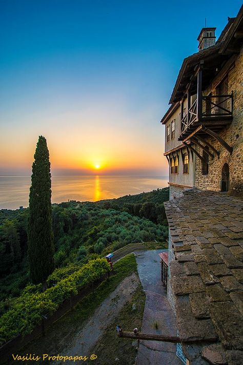 Sunrise at Karakallou Monastery at Mt. Athos - Macedonia, Greece Mt Athos, No Quotes, Macedonia Greece, Holy Mountain, Greek Travel, Mount Athos, Mystical Places, Blue Archive, Paradise On Earth