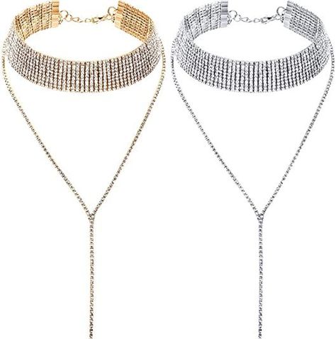 meekoo 2 Pieces Rhinestone Tassel Choker Necklace Multi-Layer Wide Collar Necklaces Tassel Chain Necklaces for Women Girls Favor Wide Choker Necklace, Girls Choker, Collar Necklaces, Women Choker Necklace, Rhinestone Choker Necklace, Crystal Choker Necklace, Womens Chokers, Multi Layer Necklace, Rhinestone Choker