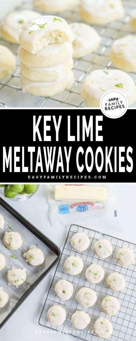 Key Lime Cookies Stacked up on a baking rack. Meltaway cookies on a cookie sheet. Key Lime cookies with glaze made and garnished next to a stick of butter. Easy Lime Recipes, Key Lime Cookies Recipe, Lime Deserts, Lime Meltaway Cookies, Key Lime Dessert Recipes, Key Lime Cookie, Key Lime Cookie Recipe, Class Sketch, Lime Juice Recipes