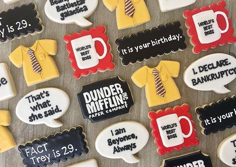 "The office" themed cookies! #theofficecookies #theoffice #customcookies #decoratedcookies #cookiesofinstagram #laurenscookieboutique The Office Happy Birthday, Sandlot Party, Office Themed Party, Office Birthday Party, John Ross, Themed Treats, Cookie Crisp, Royal Iced Cookies, Office Themes