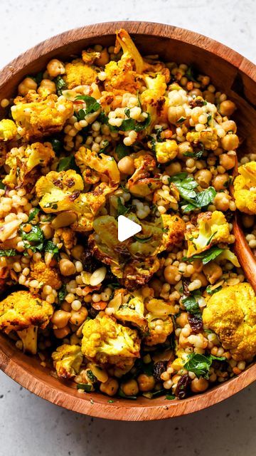 Jamie Vespa MS, RD on Instagram: "Moroccan-Inspired Couscous Salad with spice-roasted cauliflower, almonds, and dried fruit tossed in a lemony paprika dressing. Brimming with filling, feel-good ingredients, this salad holds up beautifully for leftovers and can be enjoyed warm or closer to room temp! Here’s what you need: ▢ cauliflower florets ▢ extra-virgin olive oil ▢ ground coriander ▢ ground turmeric ▢ pearl couscous ▢ canned chickpeas ▢ sliced almonds ▢ raisins or dates ▢ torn mint leaves ▢ fresh parsley ▢ fresh lemon juice ▢ garlic ▢ paprika ▢ ground cumin . . Comment “recipe please” and I’ll DM you the recipe link, or click the link in my bio! #dishingouthealth #healthyrecipes #vegetarianrecipes #veganrecipes #saladrecipe #lunchideas #dinnerrecipes" Hormone Recipes, Moroccan Meals, Moroccan Cauliflower, Moroccan Couscous Salad, Weekday Lunches, Aussie Bbq, Moroccan Salad, Moroccan Couscous, Vegetarian Ideas