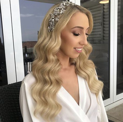 Hollywood Waves With Headpiece, Glam Waves With Headband, Hollywood Waves With Headband, Waves With Headband, Curl Hair With Headband, Darker Blonde, Bridal Waves, Hollywood Curls, Wedding Quote