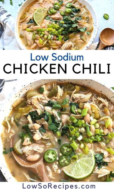 Low Sodium Chicken Chili, Low Glutamate Recipes, Low Sodium White Chicken Chili, Low Salt Dinners, Low Sodium Meals, Low Sodium Chili, Low Sodium Cheese, Low Sodium Soup, High Blood Pressure Diet Meals