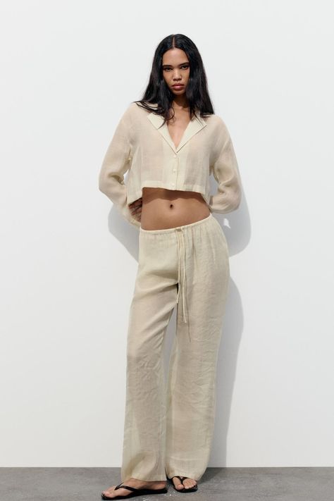 FLOWY SEMI-SHEER CROP TOP - Beige | ZARA United States Sheer Pants, Sheer Crop Top, Beige Shirt, Waistcoat Dress, Short Shirt, White Trousers, Smart Trousers, Polyester Pants, Sheer Shirt