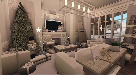 Bloxburg Christmas House Living Room, Bloxburg Christmas Interior Ideas, Bloxburg Room Inspiration, Bloxburg Living Rooms Ideas, Bloxburg Decorating Ideas Living Room, Cute Living Room Ideas Bloxburg, Bloxburg Christmas Living Room Ideas, Roblox Living Room Ideas, Cute Bloxburg Living Room Ideas