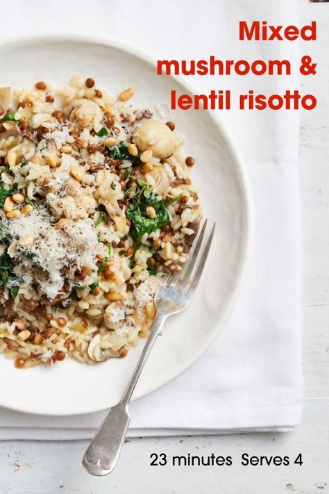 Nothing says winter warmer like a hearty bowl of risotto. Our mixed mushroom and lentil risotto is simple, easy and packed full of protein to keep your heart and tummy healthy! Snuggle up and tuck in! #risottorecipes #risottorecipeseasy #vegetarianrisotto #mushroomrisotto Lentil Risotto, Vegetarian Risotto, Risotto Recipes Easy, Deep Frying Pan, Arborio Rice, Baked Vegetables, Risotto Recipes, Tasty Vegetarian Recipes, Lentil Recipes