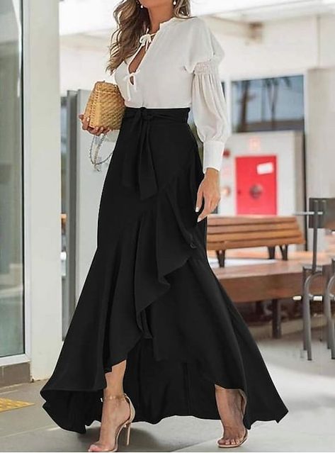 Ruffle Long Skirt, Womens Skirt Outfits, Long Black Skirt, Maxi Skirts Summer, Long Skirt Fashion, High Waist Long Skirt, Solid Skirt, Rock Outfit, Fishtail Skirt