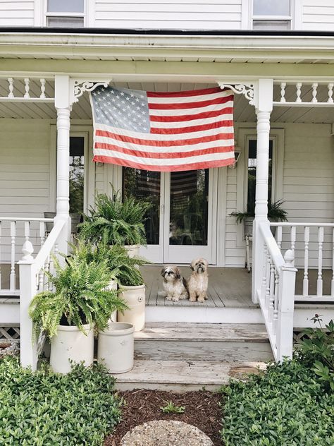 Happy Memorial Day From White Cottage Farm | Patriotic Porch Ideas, Patriotic Porch, Porch Parties, Porch Styles, Liz Marie, America Birthday, Liz Marie Blog, Cottage Farm, Summer Porch