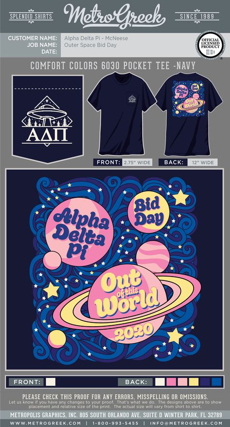 Alpha Delta Pi | Bid Day Shirts | ADPi Shirts | Metro Greek | Outer Space | Sorority Shirts | Greek Tees | Greek Shirts  #adpi #bidday #sororityshirts #sorority #fraternityshirts #metrogreek #outerspace Adpi Shirts Ideas, Outer Space Bid Day Theme, Bid Day Space Theme, Space Shirt Design, Space Themed Bid Day, Fccla Shirts Design, Space Sorority Theme, Space Bid Day, Recruitment Themes Sorority