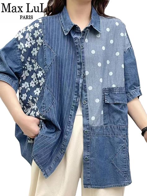 Repurposed Shirts, Printed Denim Shirt, Big Size Outfit, Striped Denim, Diy Skirt, Denim Shirts, Recycle Clothes, Recycled Denim, Casual Stripes