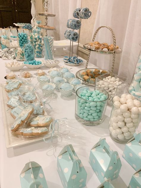 Light Blue And White Dessert Table, Blue And White Sweets Table, White And Blue Candy Bar, Baby Boy Shower Candy Table, Blue White Dessert Table, Bris Milah Decorations, White And Blue Dessert Table, Blue And White Candy Bar, Blue Candy Table Ideas