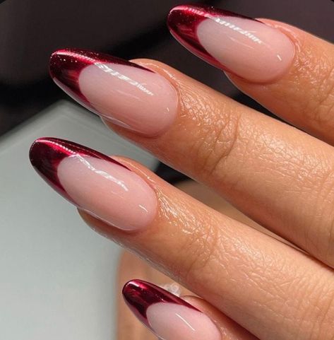 French Tip Heart Nails, French Tip Heart, Press On Nails French Tip, Red Tip Nails, Press On Nails French, Red Chrome Nails, Chrome French, Nails French Tip, Red Chrome