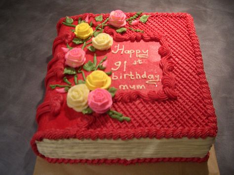 Book cake Book Sheet Cake, Cakes Beautiful, Anniversary Cake Designs, 91 Birthday, 15th Birthday Cakes, Retirement Cake, Birthday Sheet Cakes, Book Cakes, School Cake