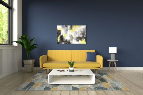 Yellow Accent Wall Living Room, Basement Colours, Yellow Blue Decor, Yellow Couch Living Room Ideas, Blue And Yellow Wallpaper, Color Couch, Blue And Yellow Living Room, Good Living Room Colors, Living Room Color Combination