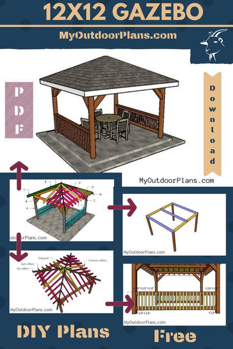 This step by step project is about how to build a 12x12 gazebo. This gazebo features a hip shaped roof. Full cut / shopping lists included in the article. PDF download and print friendly. #diy #gazebo #pavilion Gazebo Plans How To Build, How To Build A Gazebo Step By Step, Homemade Gazebo Ideas Backyards, Wood Gazebo Plans, Build A Gazebo Diy, Gazebo Plans Diy Step By Step, Homemade Gazebo, Big House Floor Plans, Diy Gazebo Ideas Cheap