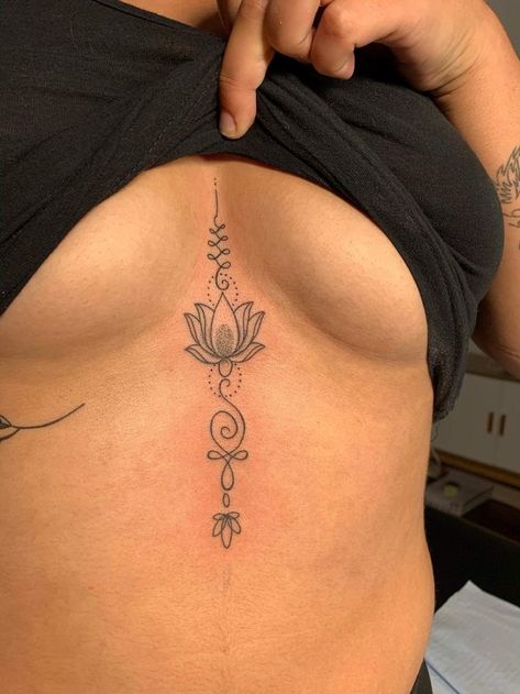 Chest Tattoos For Women Unique, Tatoos Between The Chest, Tattoo Ideas Female Middle Of Chest, Inner Chest Tattoos For Women, Female Sternum Tattoo Ideas, Inbetween Breast Tattoo Ideas, Simple Stomach Tattoos, Tattoo Under Buttcheek, Girl Chest Tattoo