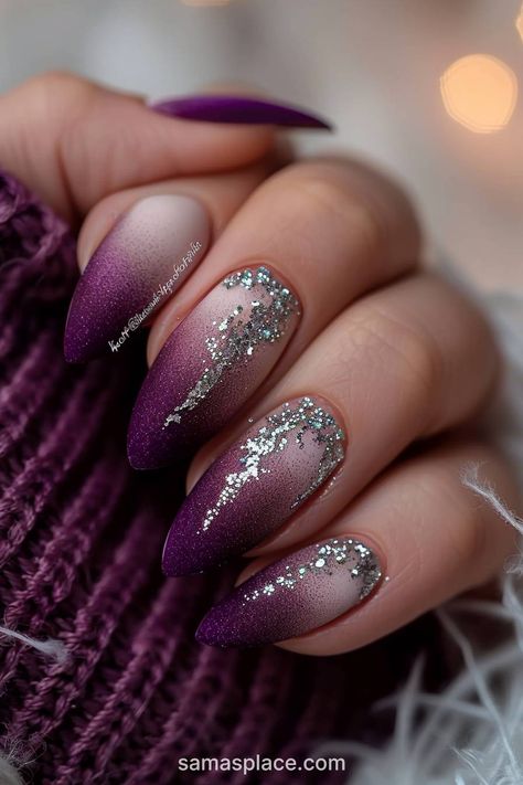 22 Plum Winter Nails Art Ideas and Designs Hombre Nails Acrylic, January Nail Designs Purple, Winter Foil Nails, Crescent City Nail Art, White And Purple Ombre Nails, Amethyst Nail Designs, Nail Art Designs For Winter Purple, Jewel Tone Nail Designs, Amethyst Nails Acrylic