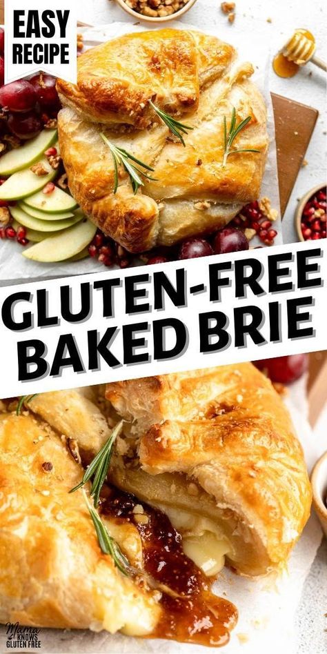 This Gluten-Free Baked Brie is the perfect party appetizer. With just four simple ingredients and five minutes of prep, you’ll have an impressive starter ready for any celebration. Gluten Free Baked Brie Recipes, Gluten Free Brie Appetizer, Simple Gluten Free Appetizers, Baked Brie Gluten Free, Gluten Free Starters, Gluten Free Baked Brie, Gluten Free Thanksgiving Appetizers Easy, Gluten Free Puff Pastry Appetizers, Gluten Free Appetizers For Party Easy