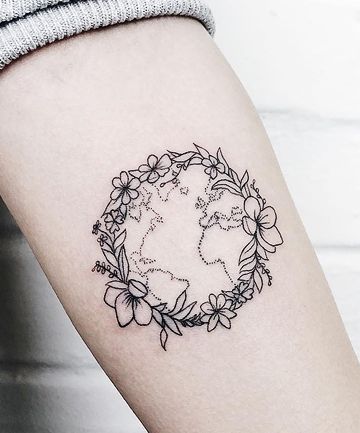 The Earth Laughs in Flowers Fun Tattoo Ideas, Globe Tattoos, Fun Tattoo, 10 Tattoo, Earth Tattoo, Palm Tattoos, Inspiration Tattoos, World Tattoo, Subtle Tattoos