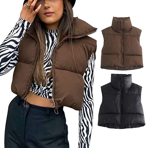 Amazon.com: Thaisu Women's Winter Short Vest Lightweight Sleeveless Warm Outerwear Retro Puffer Vest Padded Coat (A-Brown, Small) : Clothing, Shoes & Jewelry Women Waistcoat, Sleeveless Puffer, Fall Outerwear, Woman Vest, Winter Shorts, Stand Neck, Short Vest, Winter Outerwear, Cropped Vest