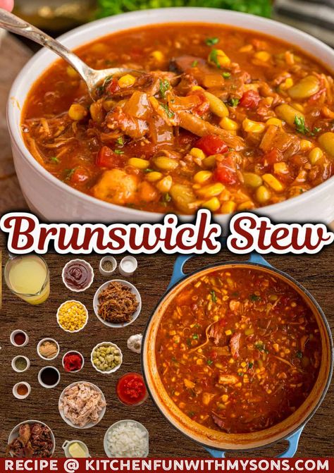 This Brunswick Stew recipe is made with pulled pork, shredded beef, and pulled chicken in a broth flavored with BBQ sauce. Hearty, filling, and easy to make, this stew is one you'll want to make over and over again during the winter! #stewrecipes #winterrecipes Southern Living Brunswick Stew, Pulled Pork Brunswick Stew, Bbq Pork Soup, Stew With Pork Meat, Brunswick Stew Recipes, Pulled Pork Stew Recipes, New Brunswick Stew, Brunswick Stew With Pulled Pork, What To Do With Pulled Pork