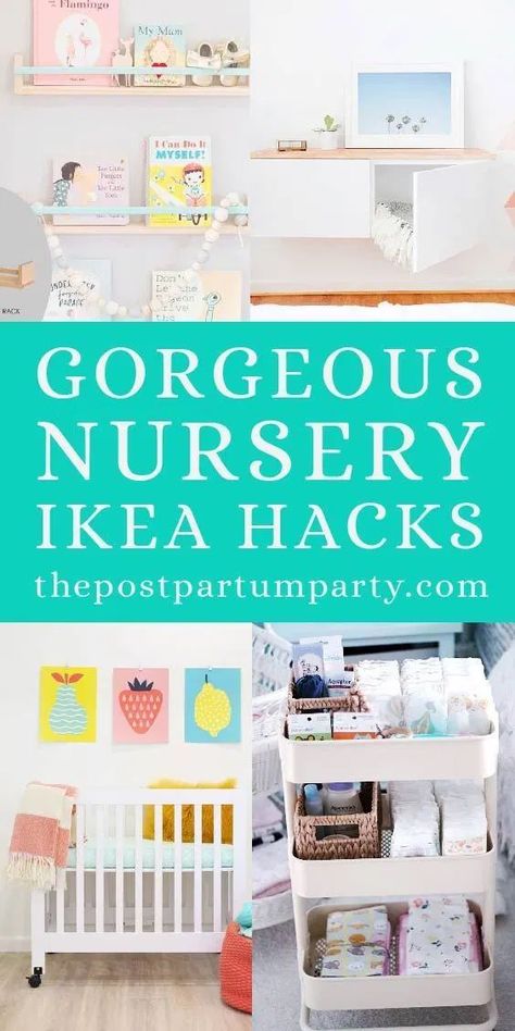 17 Gorgeous IKEA Nursery Hacks - Get ideas for your nursery using these IKEA hacks. Includes storage and organization hacks for dressers, book shelves, closets, small spaces, decor pieces, crib, and other furniture so you can make a budget friendly nursery look amazing for your baby boy or girl #ikea #ikeanursery #ikeahacks Postpartum Party, Ikea Nursery Hack, Nursery Hacks, Ikea Kallax Shelving, Ikea Pictures, Nursery Rocker, Ikea Nursery, Ikea Hack Ideas, Mini Crib Sheets