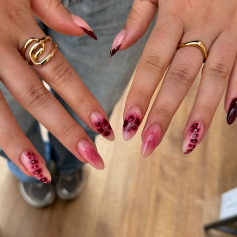 it girl nails 🐆 deep cherry mix and match nails for aleena. always grab an outfit shot on her way out because i trust she’s planned the nails to coordinate lol I keep saying this, but definitely my favourite set I’ve ever done (so far? lmao) builder gel nails + one extension ☝🏻 this combo of aura, flowers, blooming gel, french + glitter was absolutely lovely to create and although I went a bit non verbal while working out the steps I’m absolutely in love with it 🤣 i’m cait, a colchester ... Cute Mix Match Nails, Blooming Flower Nails, It Girl Nails, Bloom Nails, Mix And Match Nails, Match Nails, Mix Match Nails, Burgundy Nail Designs, Red And White Nails