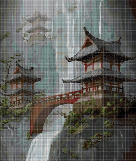 Chinese Waterfall, Large Cross Stitch Patterns, Chinese Theme, Cross Stitch Landscape, Beaded Cross Stitch, Crochet Tapestry, Diy Crochet Projects, Alpha Patterns, Cross Stitch Charts