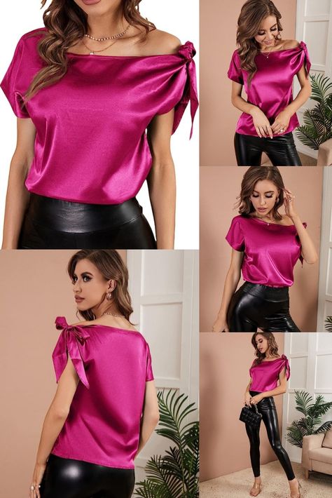 Elevate your wardrobe with the Verdusa Women's Off-Shoulder Satin Blouse. Crafted with premium materials, this blouse features a blend of 97% polyester and 3% elastane, ensuring a comfortable fit with a hint of stretch. The imported design showcases impeccable craftsmanship and attention to detail. Whether you're dressing up for a special occasion or adding a touch of sophistication to your daily attire, this blouse is a perfect choice. The one-shoulder neckline exudes elegance. Tops And Blouses For Women, Elegant Tops For Women, Satin Blouse Designs, Children Fashion Sketch, Normal Design, Satin Tops, Tops Short Sleeve, Blouse Tops, Off Shoulder Top