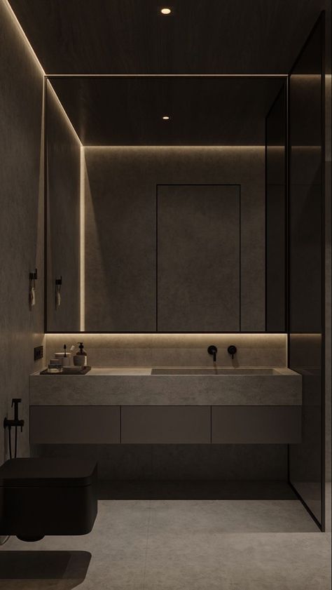 Bathroom Design For Men, Dark Decor Bathroom, Dark Rich Interior Design, Dark Bathroom Interior Design, Modern Dark Bathroom Design, Dark Modern Office Design, Dark Minimalism Interior, Bathroom Interior Design Dark, Tolite Design