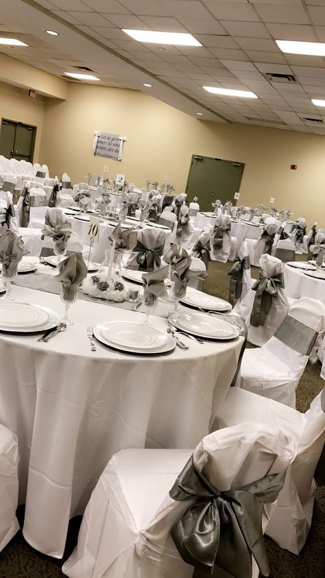 Silver and White  Pastor’s Anniversary #RoyalEventsByAB #Weddings Top Table Decor, Pastor Anniversary, Anniversary Decoration, Anniversary Decorations, Top Table, 20th Anniversary, Black And Silver, Table Decor, Table Settings