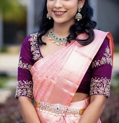 Pattu Saree Designer Blouses, Pattu Saree Designs Latest, Purple Pattu Blouse Designs, Marriage Saree Blouse Designs, Self Colour Blouse Designs, Pink Color Saree Contrast Blouse, Contrast Blouse For Purple Silk Saree, Simple Blouse Designs For Saree Pattu, Pink Colour Saree Contrast Blouse