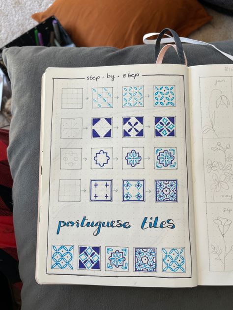 Tiles Drawing Design, Tile Drawings Ideas, How To Draw Tiles, Pattern Ideas Drawing, Tile Drawing, Bullet Journal Ideas Templates, Folk Art Flowers, Portuguese Tiles, Tangle Patterns