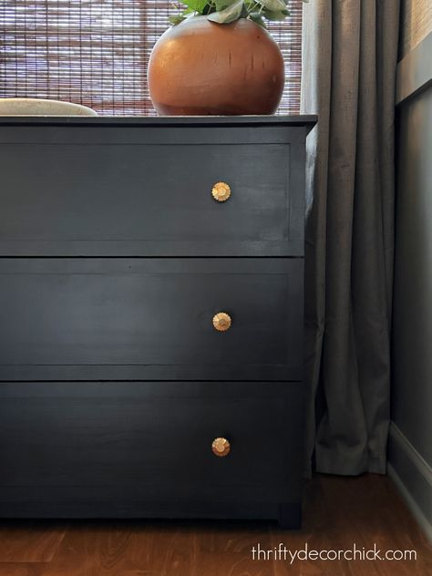 Black Dresser Bedroom, Black Painted Dressers, Black Chalk Paint Furniture, Painted Bedside Tables, Pottery Barn Black, How To Make Furniture, Black Painted Furniture, Painted Night Stands, Black Paint Color