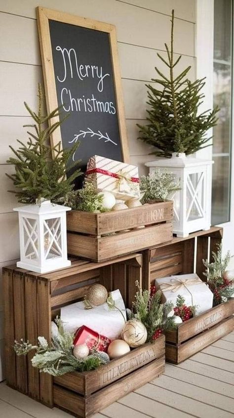 Wooden Crate Christmas Decor, Christmas Crates Ideas, Wooden Crates Christmas, Outdoor Christmas Diy, Christmas Porch Decor Ideas, Silver Christmas Decorations, Australian Christmas, Easy Christmas Decorations, Christmas Porch Decor