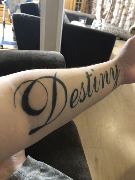 #tattoo #destiny Destiny Name Tattoo, Destiny Tattoo Ideas, Destiny Tattoos, Destiny Name, Tattoo Ideas American Traditional, Destiny Tattoo, American Traditional Tattoo Design, Skeleton Hands Drawing, Fate Tattoo