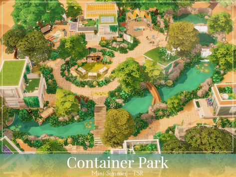 Sims 4 Central Park, Sims 4 Oasis Springs Park, Sims 4 Dog Park, Sims 4 Parks, Sims 4 Park Ideas, Sims 4 Landscaping Ideas, Hangout Area, Shelter For Homeless, Container Park