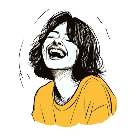 Vector hand drawn illustration of a young woman laughing. Isolated on white background. Drawing Smiling Faces, Happy Face Reference Drawing, Laughing Art Reference, Woman Laughing Drawing, Happy Woman Drawing, Woman Looking Down Drawing, People Laughing Drawing, Happy Girl Drawing, Laughing Face Drawing