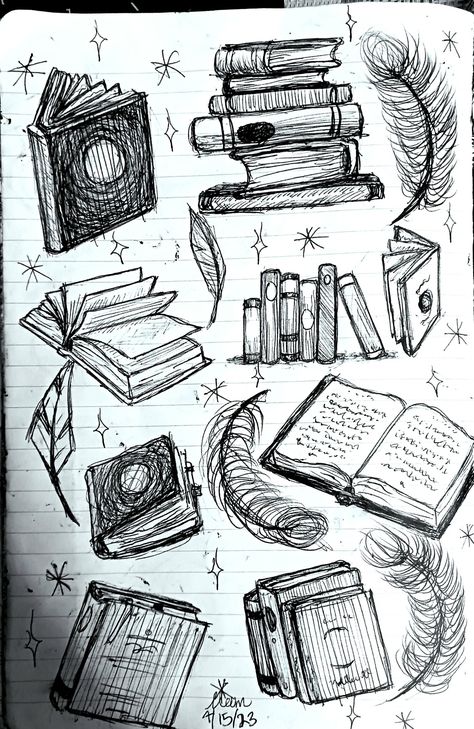 Drawing Of A Journal, Books Sketch Drawing, Study Drawing Aesthetic, Starting Page Of Sketch Book, School Sketches Doodles, Sketch Book Art Ideas, How To Draw A Book, Books Drawing Sketches, Guidebook Drawing