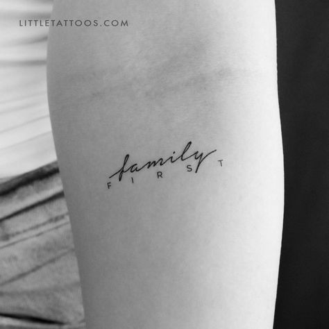 Set of three 'family first' temporary tattoos. Size: 1.7 in / 4.4 cm (width) Family Tattoos 4 People, Tattoos For Family Of 4, Tattoo For Mother And 2 Daughters, Simple Daughter Tattoos, Tattoo For My Family, Tattoo Idea For Family, Family Of Three Tattoo, Family Small Tattoo Ideas, Family Quote Tattoo For Women