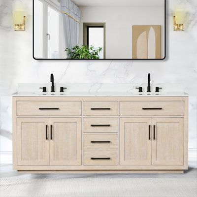 This luxurious vanity combines function and style to add quality to your bathroom space. It's available in 3 different sizes and colors and is compatible with 8-inch universal faucets, ensuring hassle-free installation. Ample storage and double-depth lower drawers give you plenty of room to store bathroom essentials, while the unique finish and design add a sophisticated, elegant feel to your bathroom. Holaki Base Finish: Natural | Holaki 80" Double Bathroom Vanity w / Quartz Top 40.0 H x 80.0 W 84 Inch Bathroom Vanity, Luxurious Vanity, Shaker Vanity, Master Bath Remodel, Bathroom Goals, Double Bathroom, Double Bathroom Vanity, Bathroom Inspo, Top 40